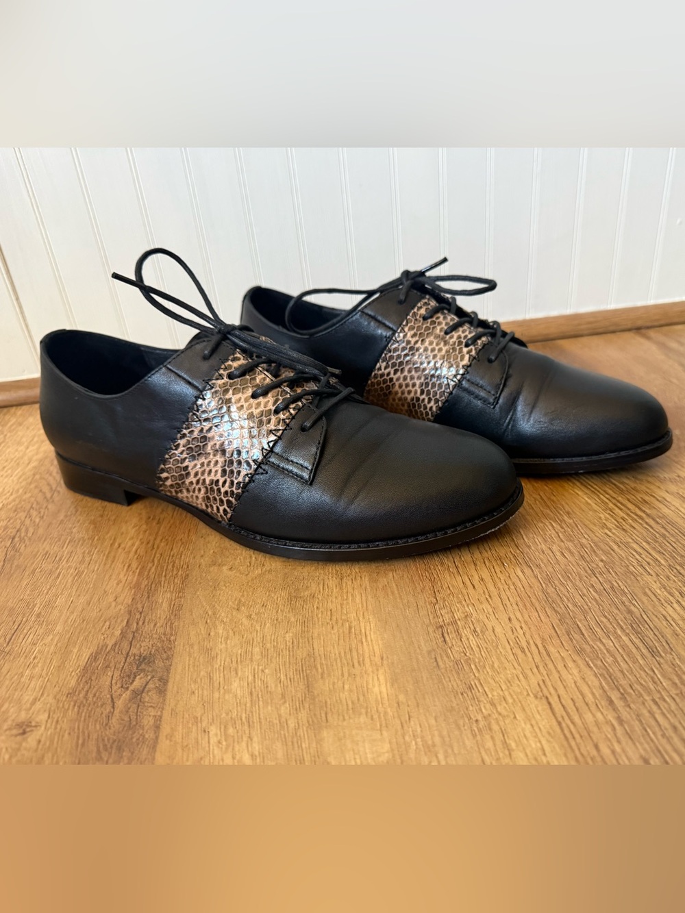 Opening Ceremony Black Leather Snakeskin Embossed Saddle Derby Oxford Shoes